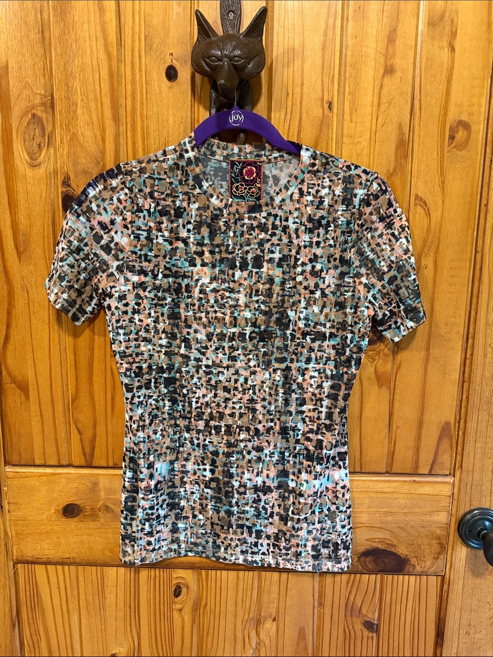 Johnny Was Short Sleeve Pixel-Print Tee in Turquoise, Black, and Tan